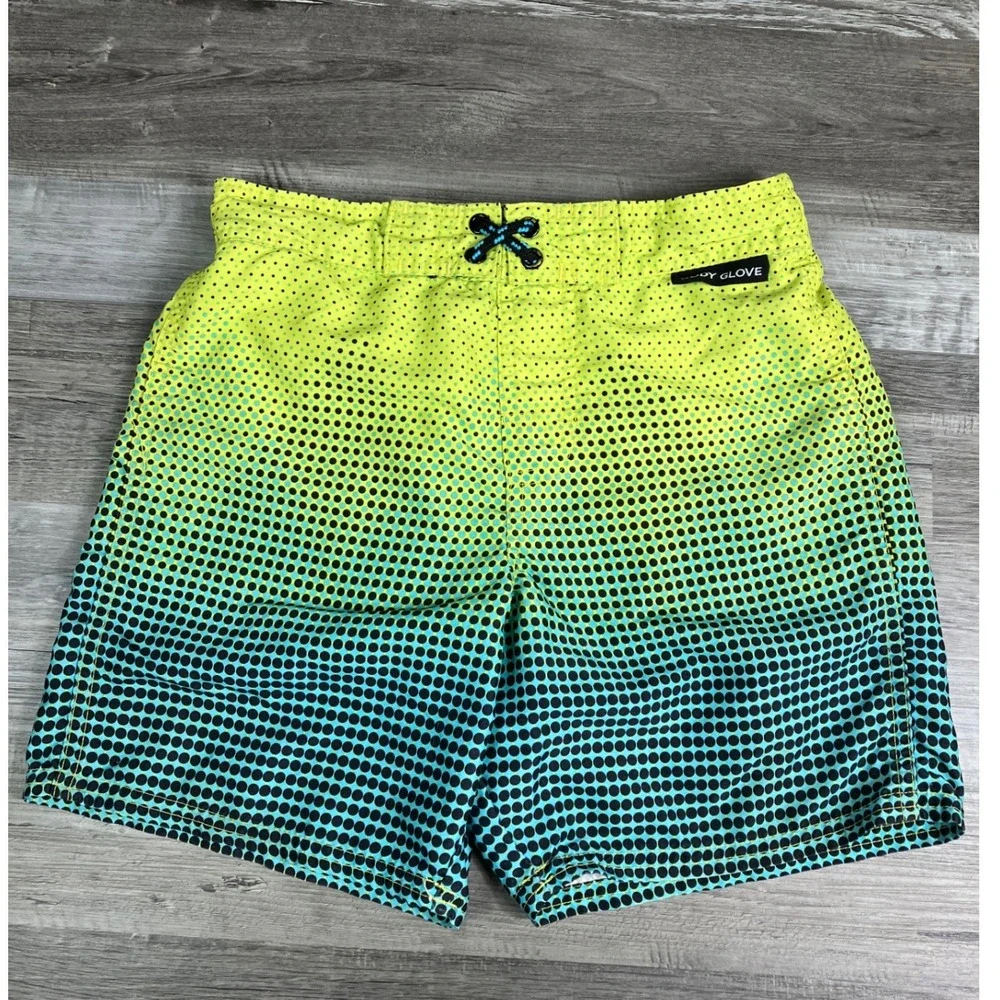 Body Glove Boys Size 8 Board Shorts Neon Yellow Teal Gradient Polka Dot Swim